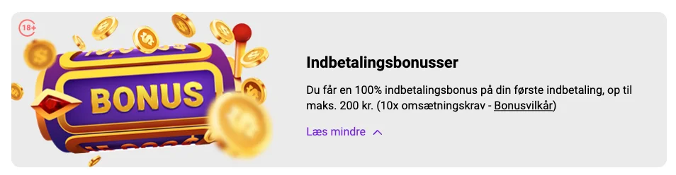 One Casino indbetalingsbonus med 100% op til 200 kr ved første indbetaling