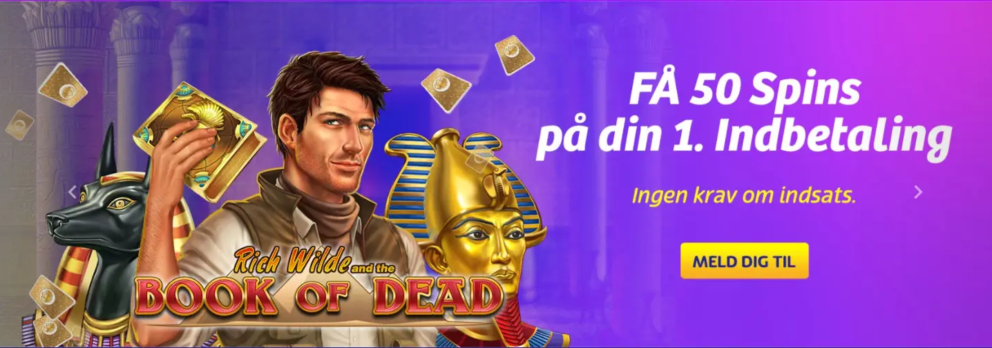 Promobillede for PlayOJO med Rich Wilde og Book of Dead samt tilbud om 50 spins på første indbetaling uden indsatskrav.