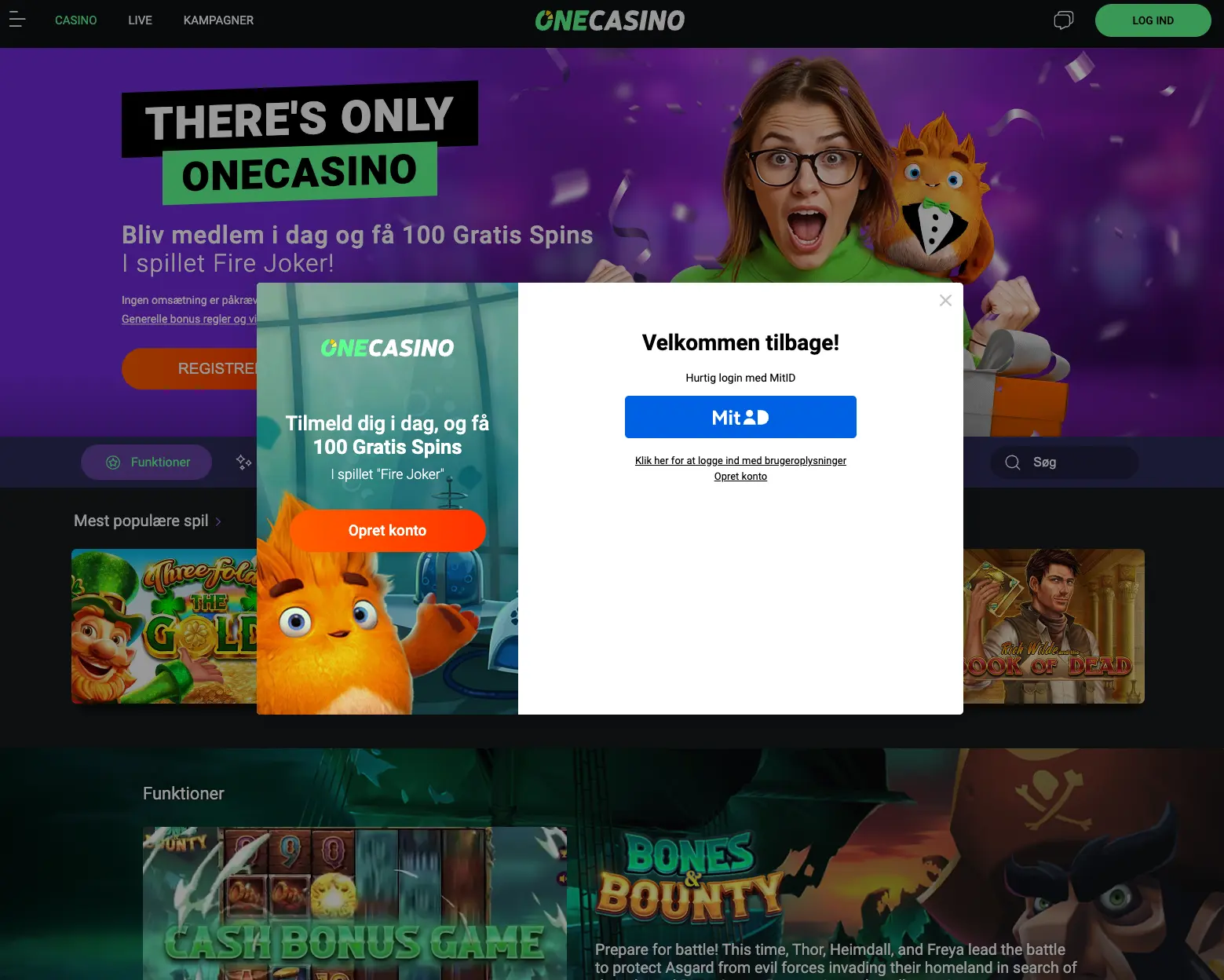 Forside på One Casino med kampagnen “Tilmeld dig i dag, og få 100 Gratis Spins i spillet Fire Joker”. Til venstre ses den orange maskot og knappen “Opret konto”, og til højre et login-vindue med teksten “Velkommen tilbage – Hurtig login med MitID” og den blå MitID-knap.