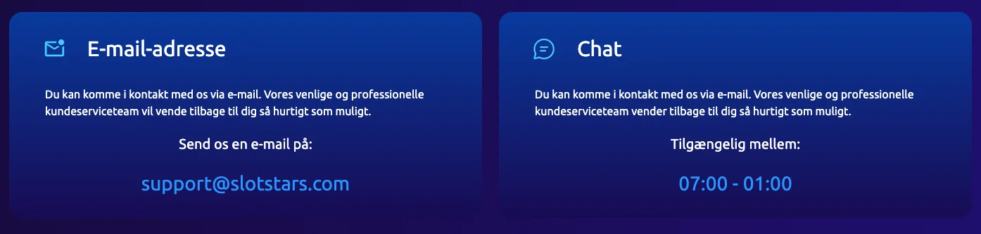 Slotstars kundeservice med live chat og e-mail samt åbningstider 07:00–01:00