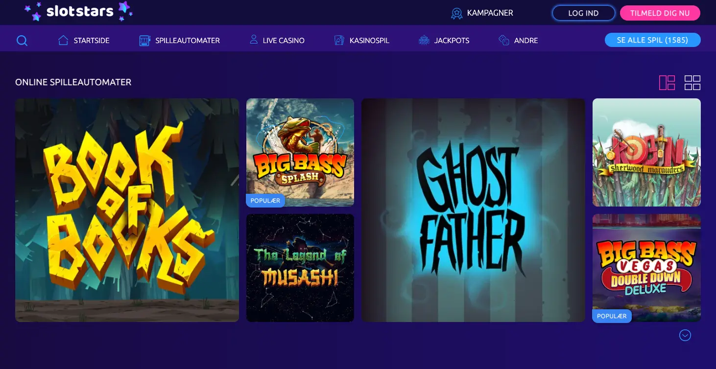 Oversigt over SlotStars’ sektion for online spilleautomater med spil som Book of Books, Big Bass Bonanza, Starburst, Jack Hammer og flere populære titler vist i et grid-layout.
