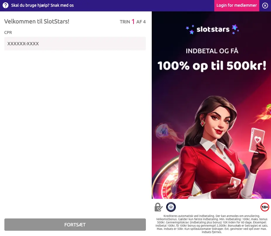 Velkomstbonus hos SlotStars med teksten “Indbetal 500kr, spil med 1000kr” og en kvindelig dealer foran et roulettehjul.