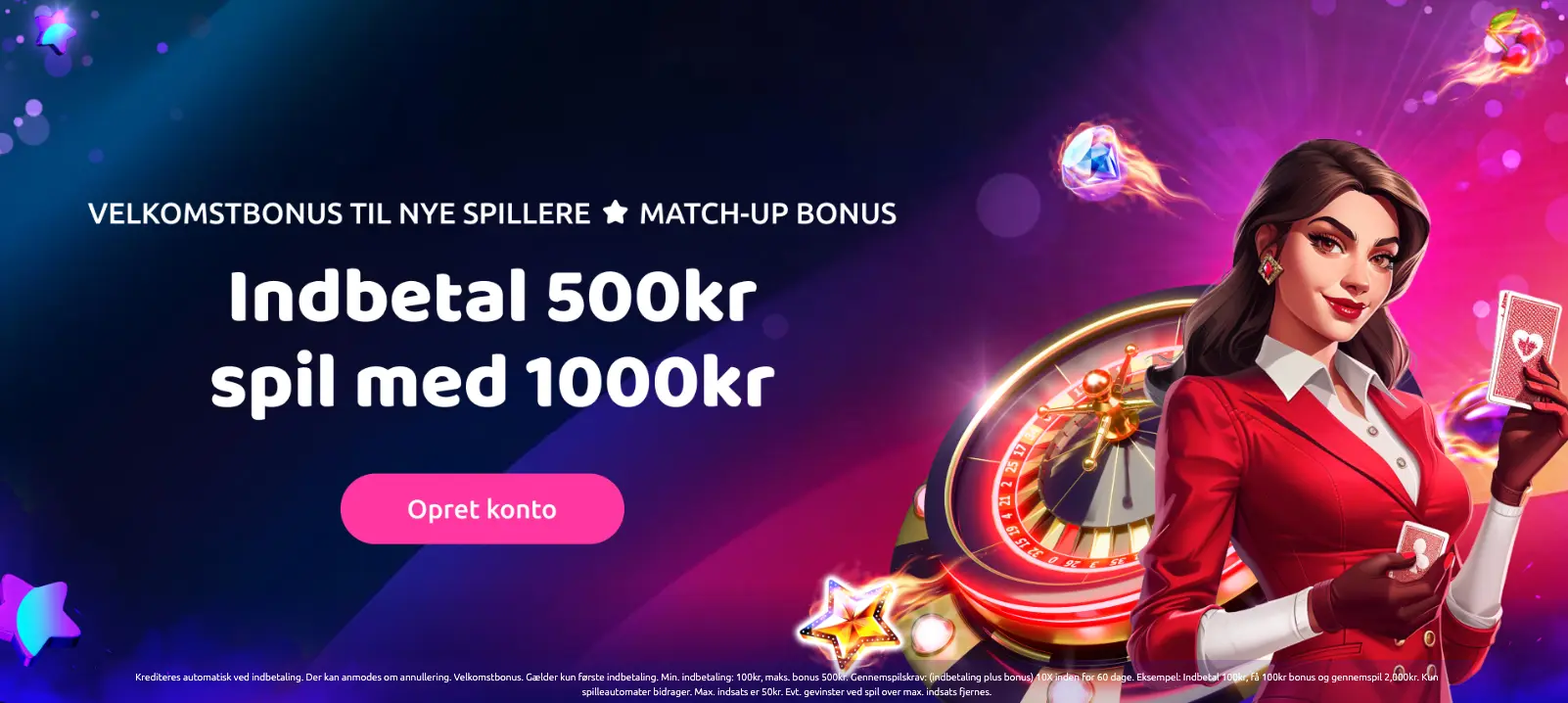 Velkomstbonus hos SlotStars med teksten “Indbetal 500kr, spil med 1000kr” og en kvindelig dealer foran et roulettehjul.