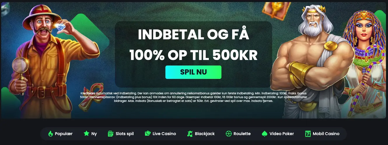 Swift Casino velkomstbonus på 100 % op til 500 kr vist i kampagne med spillefigurer og teksten “Indbetal og få 100 % op til 500 kr”