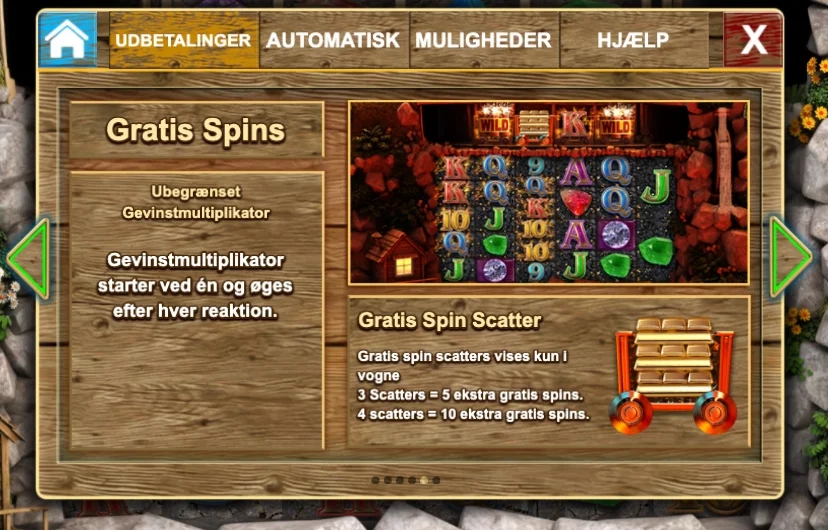 Bonanza Megaways free spins-runde med ubegrænset gevinstmultiplikator, der stiger med +1 for hver reaktion, samt retrigger med 3 eller 4 scatters for 5 eller 10 ekstra gratis spins