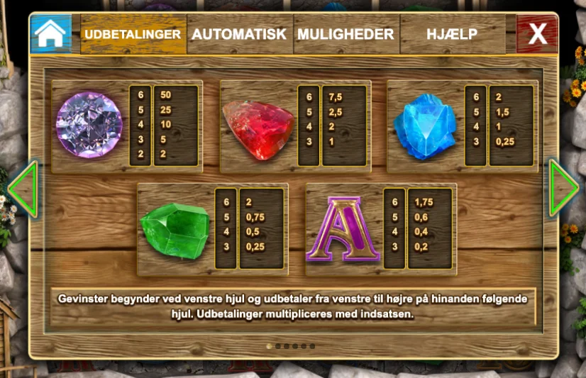 Bonanza Megaways høj-betalende symboler med udbetalingsværdier: lilla diamant betaler op til 50x indsatsen, rød ædelsten op til 7,5x, samt blå og grøn ædelsten med lavere værdier