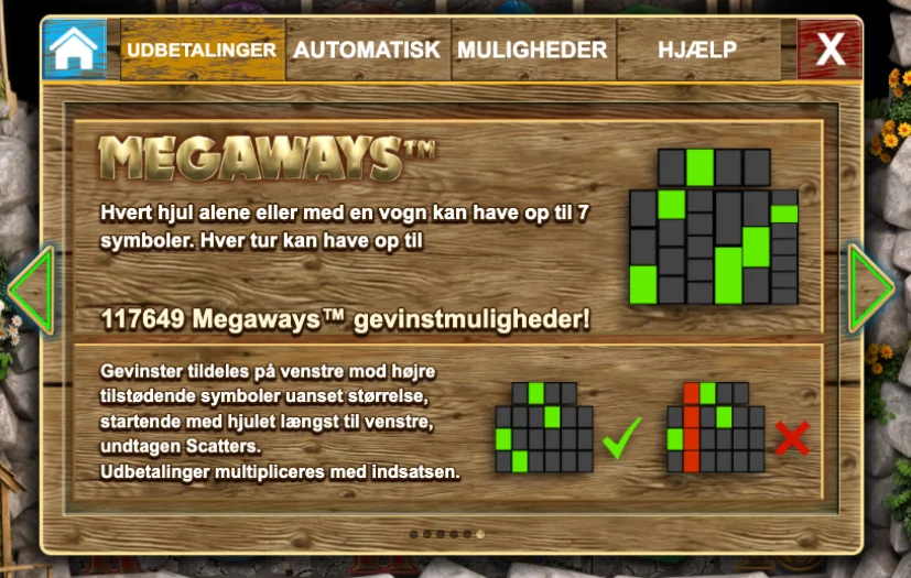 Bonanza Megaways spilregelskærm, der forklarer mekanikken: op til 7 symboler per hjul, 117.649 gevinstlinjer og gevinster udbetalt fra venstre mod højre på tilstødende hjul