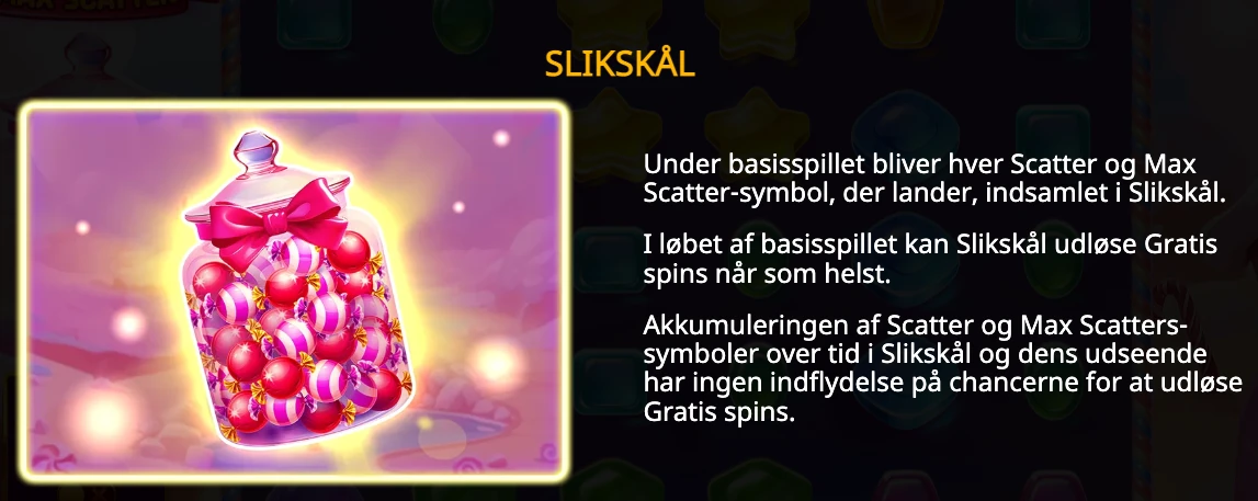 Tasty Bonanza Max Scatter Slikskål-funktion, hvor indsamlede scatter- og Max Scatter-symboler kan udløse free spins under basisspillet.