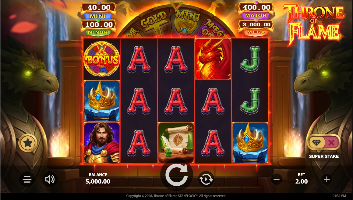 Throne of Flame spilleautomat fra Stakelogic med 5 hjul, dragesymbol, konge, krone, bonussymbol og jackpotniveauerne Mini, Minor, Major og Mega synlige øverst på skærmen